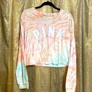 PINK Victorias Secret long sleeve tie dye pink/orange/blue logo cropped shirt, S